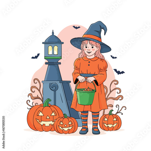 Little girl in witch costume with Halloween pumpkins and green bucket trick or treat illustration