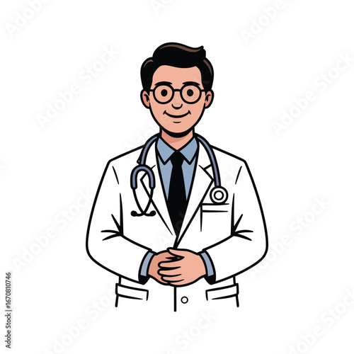 Vector art of a friendly male doctor wearing a white coat and stethoscope, smiling confidently with his hands clasped