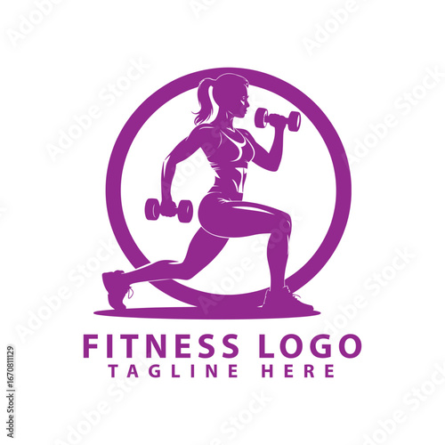 Vector art of dynamic purple silhouette logo of a woman performing lunges with dumbbells, symbolizing fitness and strength, within a circular frame