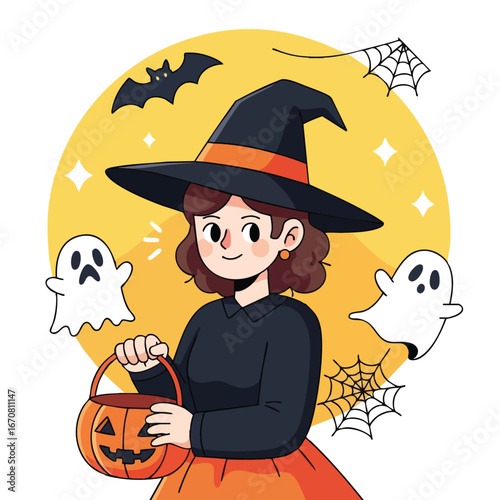 Girl in witch costume holding pumpkin bucket with ghosts and bats Halloween theme vector illustration 