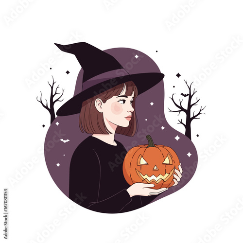 Young woman in witch costume holding jack o lantern pumpkin for Halloween celebration vector illustration 