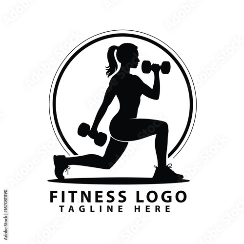 Vector art of black silhouette of a woman performing lunges with dumbbells, inside a circle, , fitness logo concept with tagline