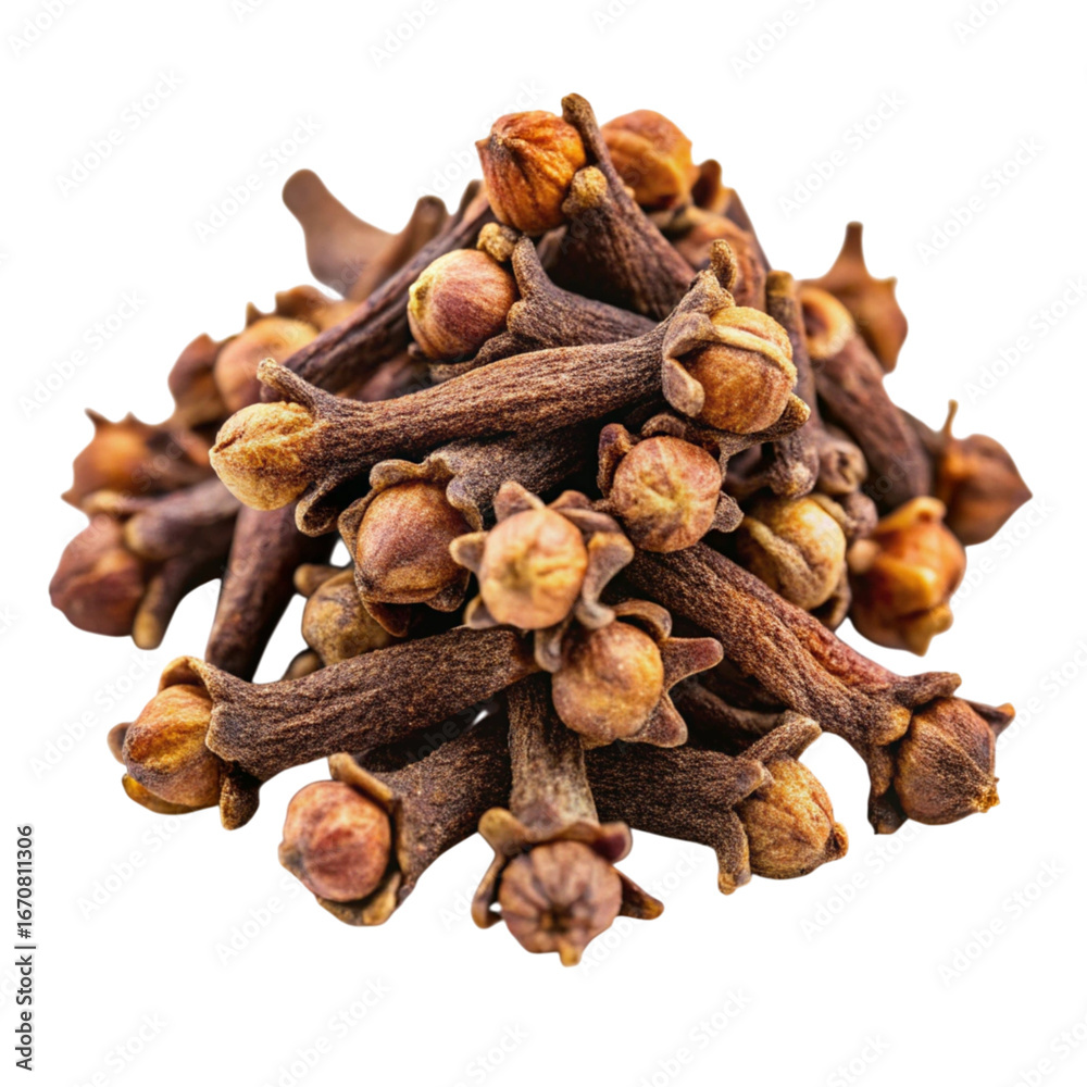Obraz premium A close up view of a pile of dried cloves with brown stems and buds on a dark black background surface