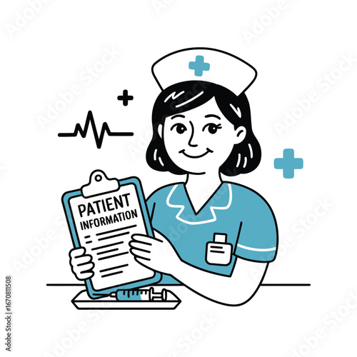 Vector art of nurse presenting patient information on a clipboard, with medical symbols and syringe