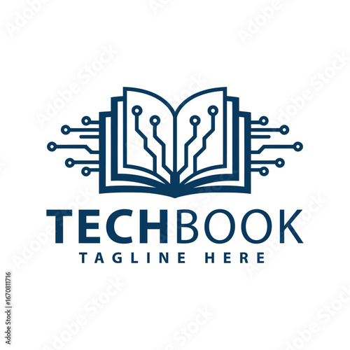Vector art of open book with circuit board lines and nodes, representing technology and knowledge