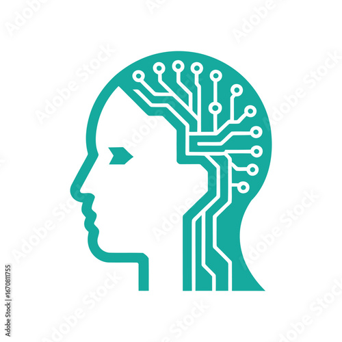 Vector art of stylized teal icon of a human head profile with integrated circuit pathways and nodes representing artificial intelligence and technology