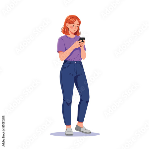 Young woman standing and using smartphone with casual outfit purple top and blue jeans vector illustration 