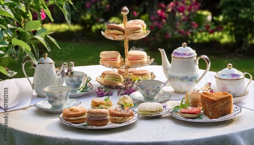 a garden tea party table with dainty sandwiches and desserts