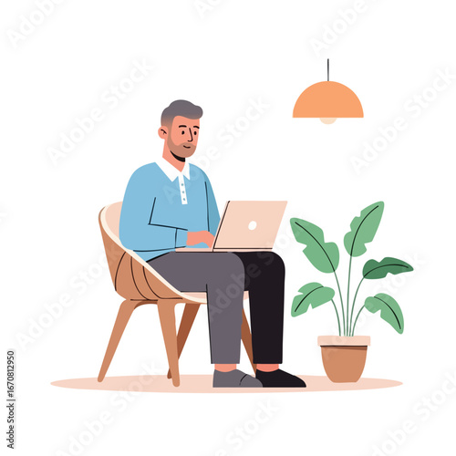 Man working on laptop in modern home office setting with plant and pendant lamp vector illustration 