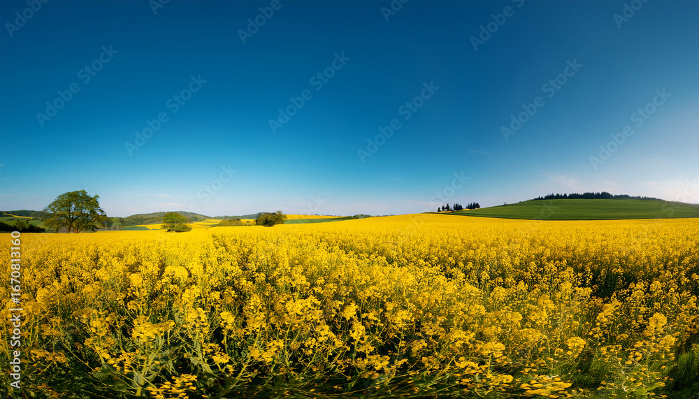 Obraz premium vast field of vibrant yellow flowers blooming under a clear blue sky during the warm afternoon in a tranquil rural landscape