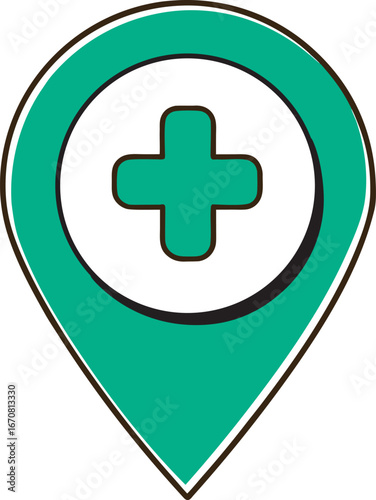 Green medical pin icon with a plus sign symbolizing healthcare location and aid