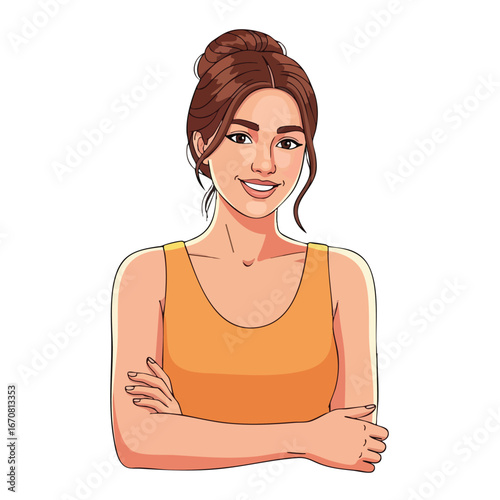 Young woman with crossed arms smiling wearing orange tank top casual style vector illustration 
