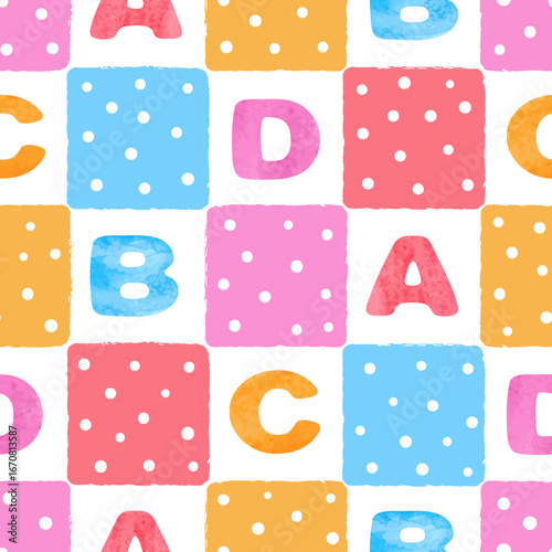 Seamless colorful pattern with cartoon alphabet. Vector print with watercolor...