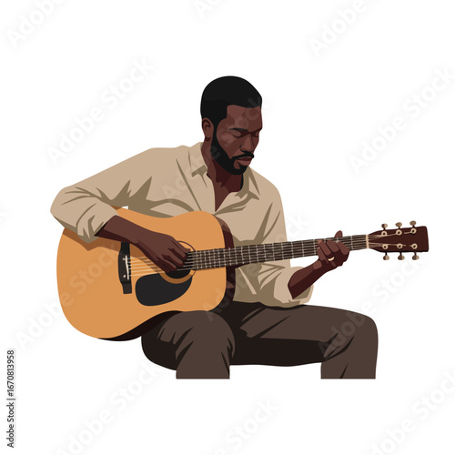 Man playing acoustic guitar sitting and performing music in casual clothing vector illustration 