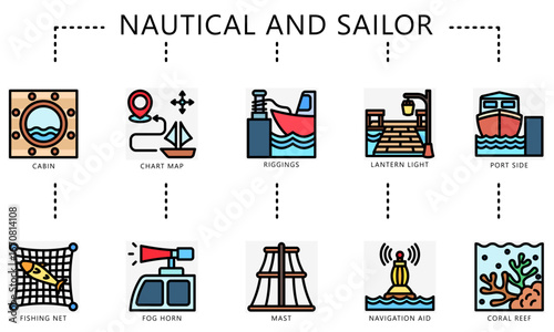 Nautical and sailor outline color icons set. contain cabin, map, riggings, lantern, port side, fishing net, horn, mast, coral reef and more. Vector for UI, UX kit, web and app navy, transportation