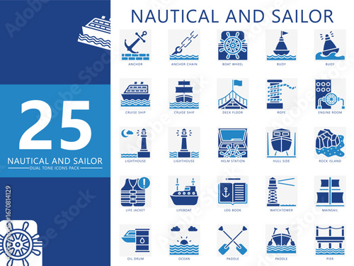 Nautical and sailor dual tone icons set. contain anchor, buoy, cruise ship, life jacket, pier, ocean, lighthouse, paddle, mainsail and more. Vector for UI or UX kit, web and app navy, transportation.