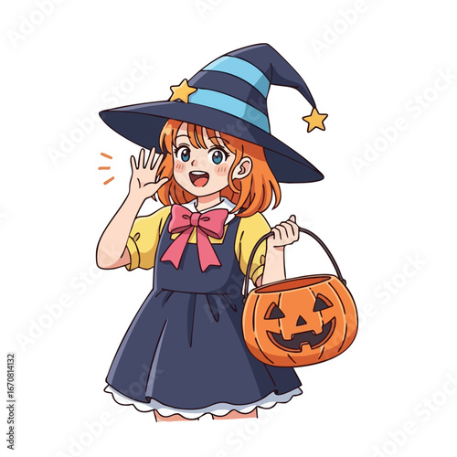 Girl dressed in witch costume holding jack o lantern bucket happy Halloween trick or treat vector illustration 