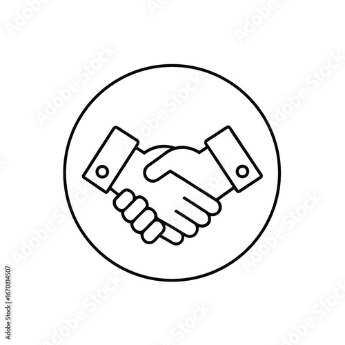 Minimalist Line Art of Handshake in Circle – Black and White Illustration of Partnership, Agreement, and Collaboration