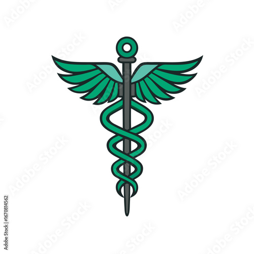 Green caduceus symbol with wings is a classic emblem of medicine and commerce