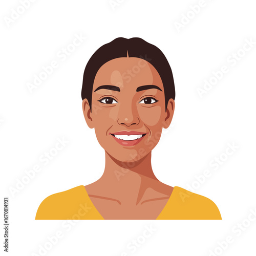 Smiling young woman portrait with brown hair and yellow shirt vector illustration for positive lifestyle and communication concepts 