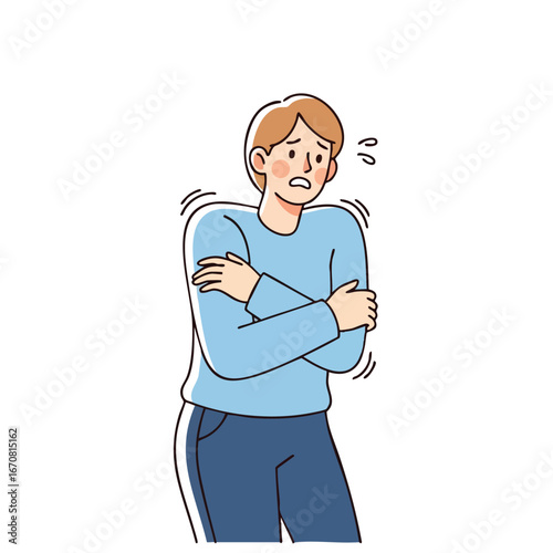 Person feeling cold shivering wearing blue sweater and dark pants vector illustration 