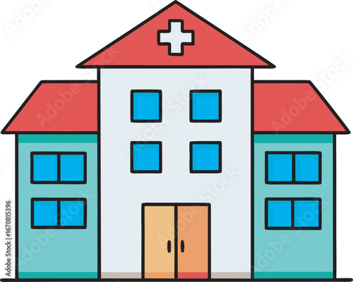 Simple cartoon hospital building with red roof and blue windows, medical center