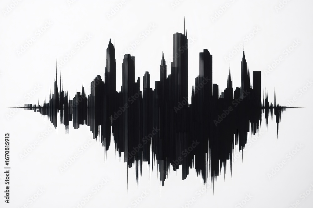 Obraz premium Distorted reflections of a black and white city skyline create a striking contrast in a modern minimalist artwork, highlighting geometric elegance