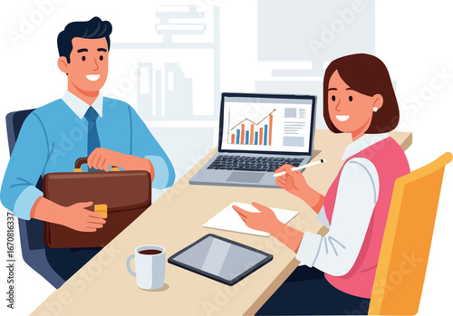 Business meeting between man and woman discussing financial growth and analytics in modern office environment