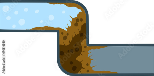 Blocked pipe filled with water and sludge buildup. Vibrant illustration highlighting common drainage issues and plumbing problems.