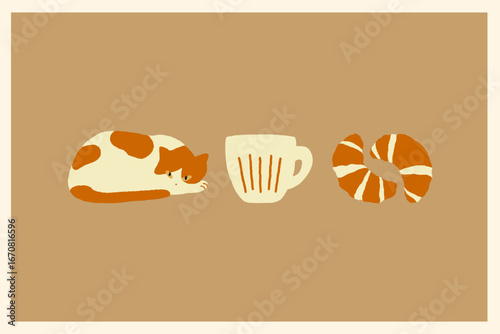 Cat, cup and croissant cozy flat illustration set. Stylized hand-drawn cafe elements 