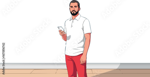 Man standing indoors holding smartphone wearing white shirt and red pants casual style vector illustration