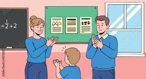 Family celebrating childs success in classroom with parents clapping and happy expression educational achievement concept vector