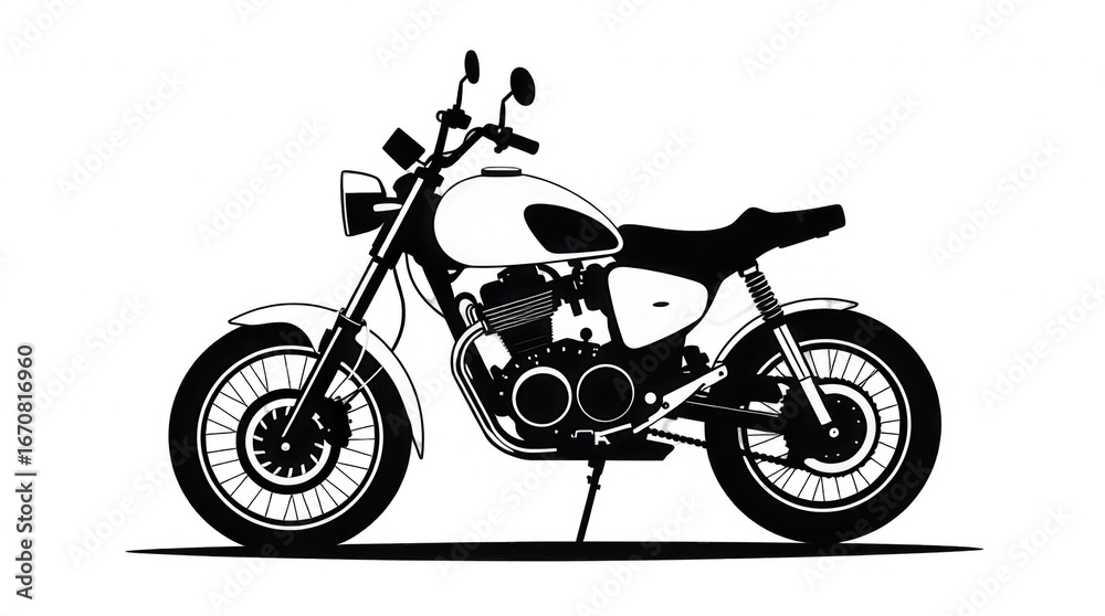 Obraz premium A detailed black and white illustration of a classic motorcycle highlighting its sleek shape and design elements perfect for enthusiasts and art lovers