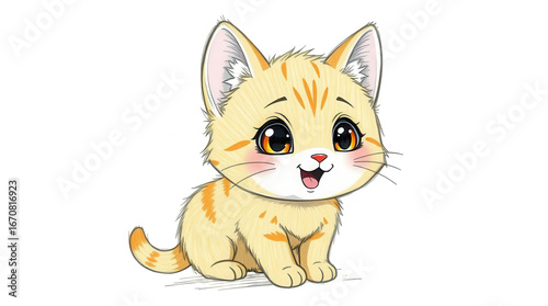 A playful orange kitten with stripes sits happily showcasing its adorable features including large eyes and a joyful expression in a colorful design