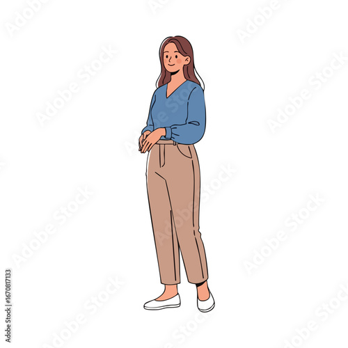 Young woman standing relaxed wearing blue blouse and beige pants casual style vector illustration 