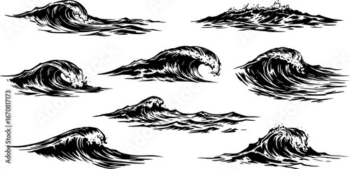 Water wave vector. Waves swaying in lakes and oceans Isolated on white background