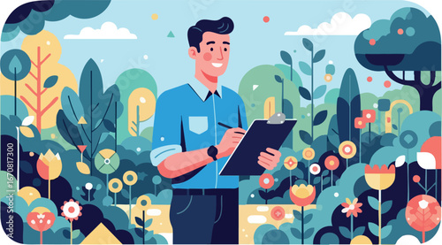 Man holding clipboard in colorful garden with flowers and trees working outdoors vector illustration