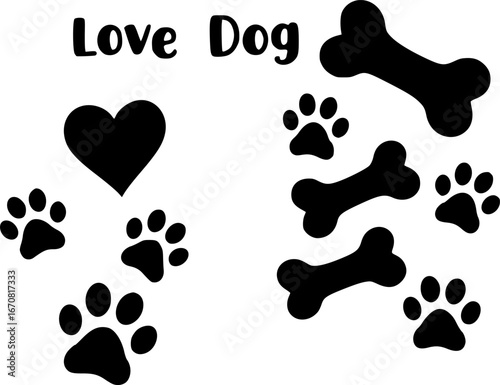 Vector design loves dogs. Heart, bone and floating dog feet for pet supplies stores.