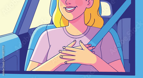 Woman wearing seatbelt sitting in car smiling with hands crossed on chest safety awareness vector illustration