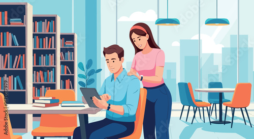 Young man and woman working together in modern office space with bookshelves and city view vector illustration