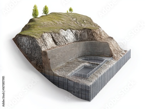 Cross-section drawing and 3D visual of a mountain slope stabilization system with geotextile mesh, erosion control layers. White background.