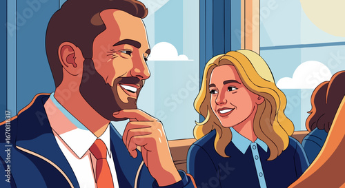 Business colleagues smiling and talking in office environment during workday vector illustration