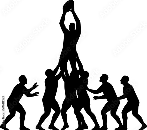 Minimalist monochrome silhouette of rugby players in a line-out jump, flat vector icon, ideal for sports graphics, team logos, posters, and athletic illustrations