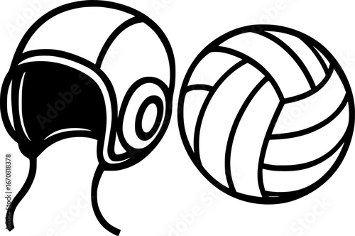 Black and white vector icon of a water polo cap and ball, minimal flat style, perfect for aquatic sports graphics, team logos, posters, and illustrations