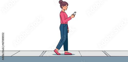 Young woman walking on sidewalk looking at smartphone casual outfit urban lifestyle activity vector illustration