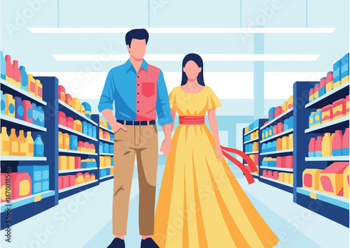 Couple dressed elegantly shopping in store aisle with shelves full of products vector illustration
