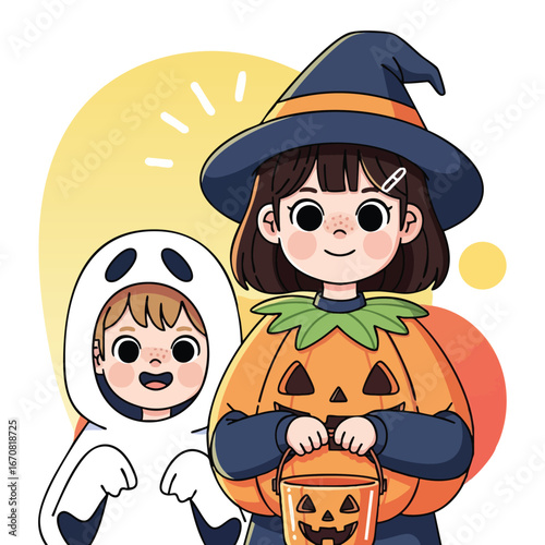 Children dressed in Halloween costumes pumpkin witch and ghost holding bucket for trick or treat fun