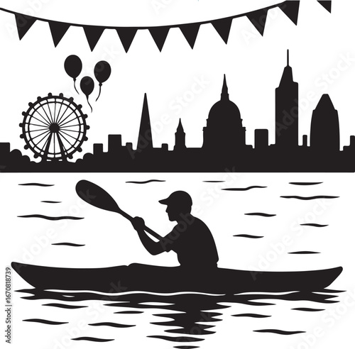 Silhouette of kayaker on water with London skyline and Ferris wheel in background kayaking canoe