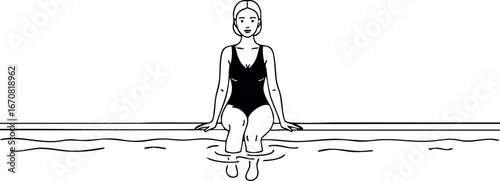 Woman sitting on pool edge dipping feet in water relaxing summer leisure vector illustration