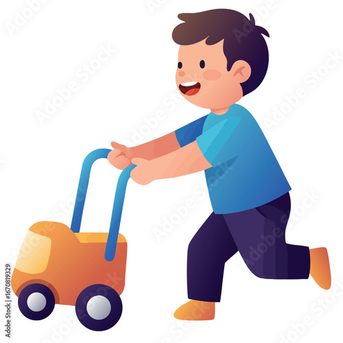Boy playing with push toy walking happily in blue shirt and dark pants vector illustration 